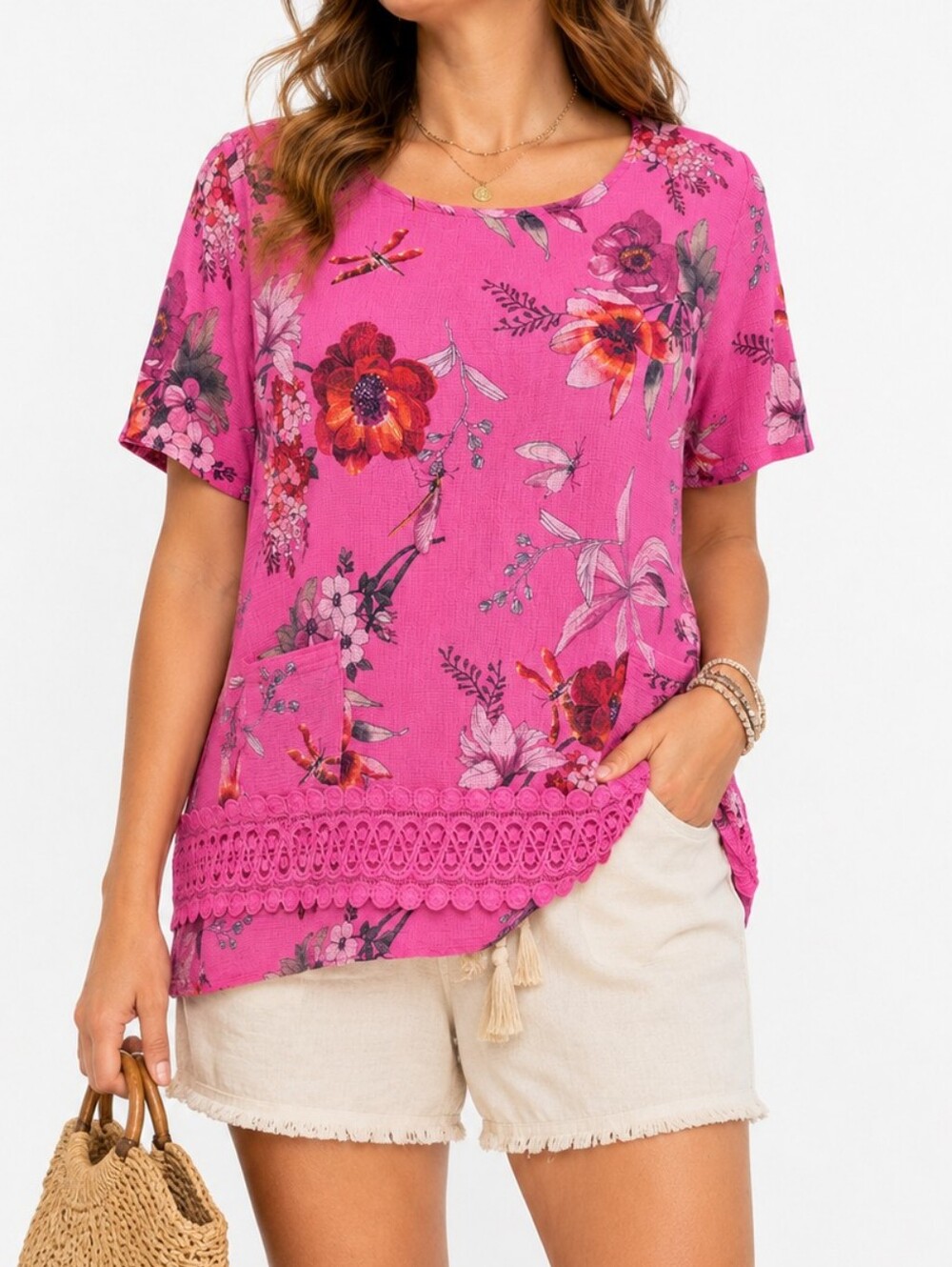 Via Vitale Pink Cotton Floral Tunic Made in Italy Lace Trim Top Size Large